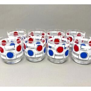 Set of 8 Vintage MCM Libbey Patriotic Red White Blue Dot Pattern Low Ball READ